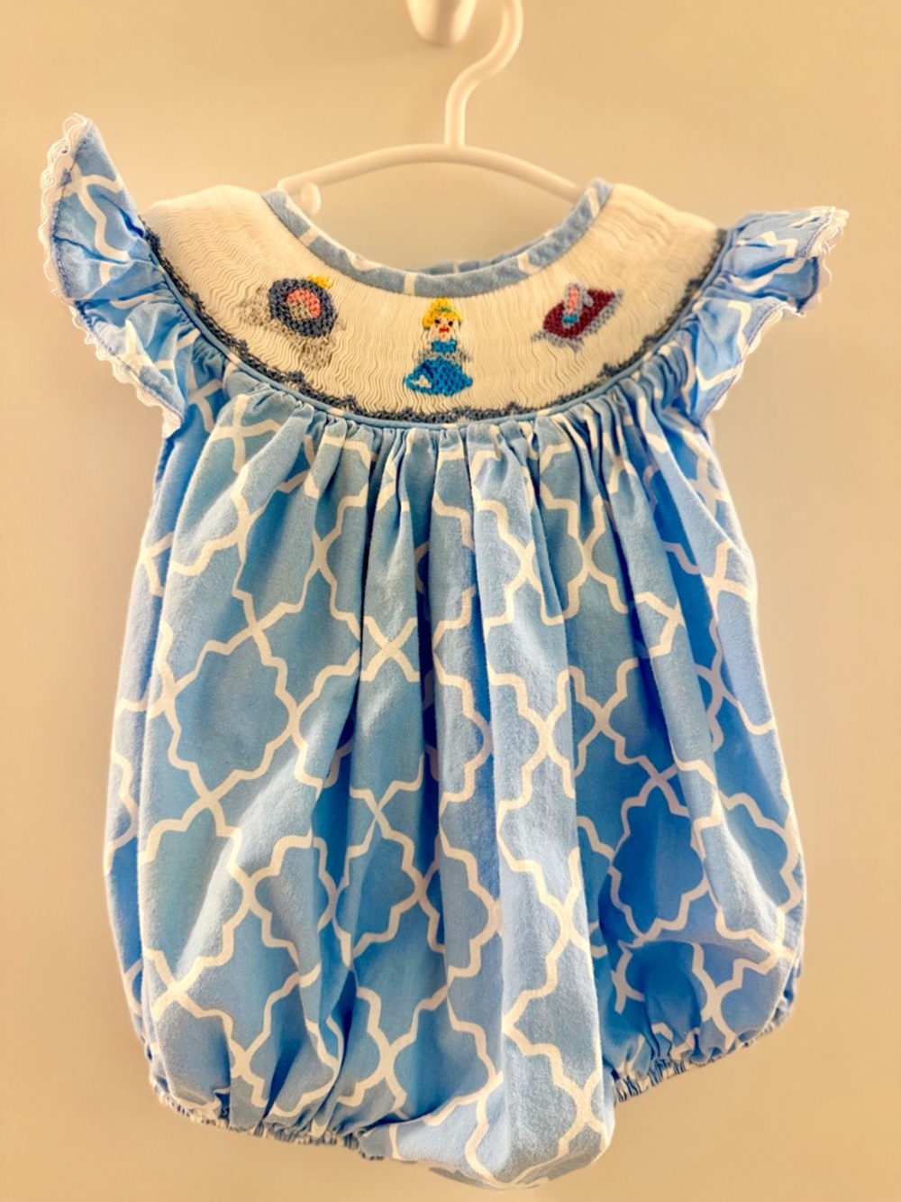 Babeeni Cinderella themed Blue Smocked Baby Bubble romper 6months
